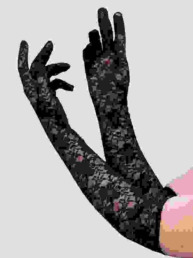 Lovehoney Fantasy Plus Size Black Elbow-Length Lace Gloves, Black, hi-res